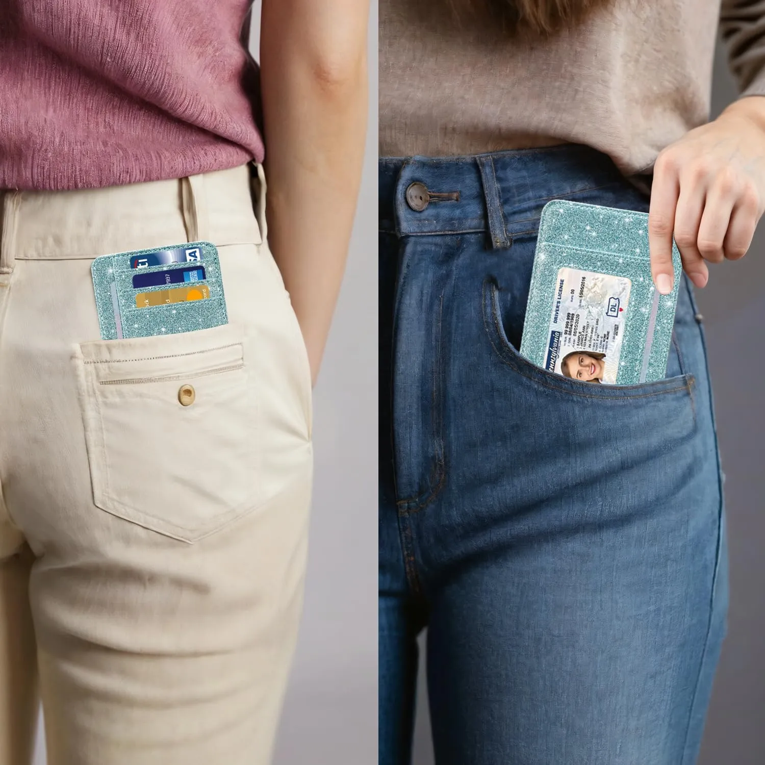 HOTCOOL Card Holder Wallet Front Pocket Minimalist Travel Cute Funny Thin Leather With RFID Blocking Small Credit Card Holder Wallet for Men & Women Girls Organizer Gifts, Glitter Blue
