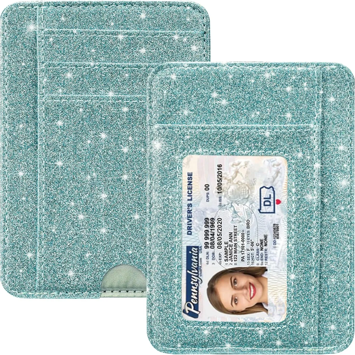 HOTCOOL Card Holder Wallet Front Pocket Minimalist Travel Cute Funny Thin Leather With RFID Blocking Small Credit Card Holder Wallet for Men & Women Girls Organizer Gifts, Glitter Blue