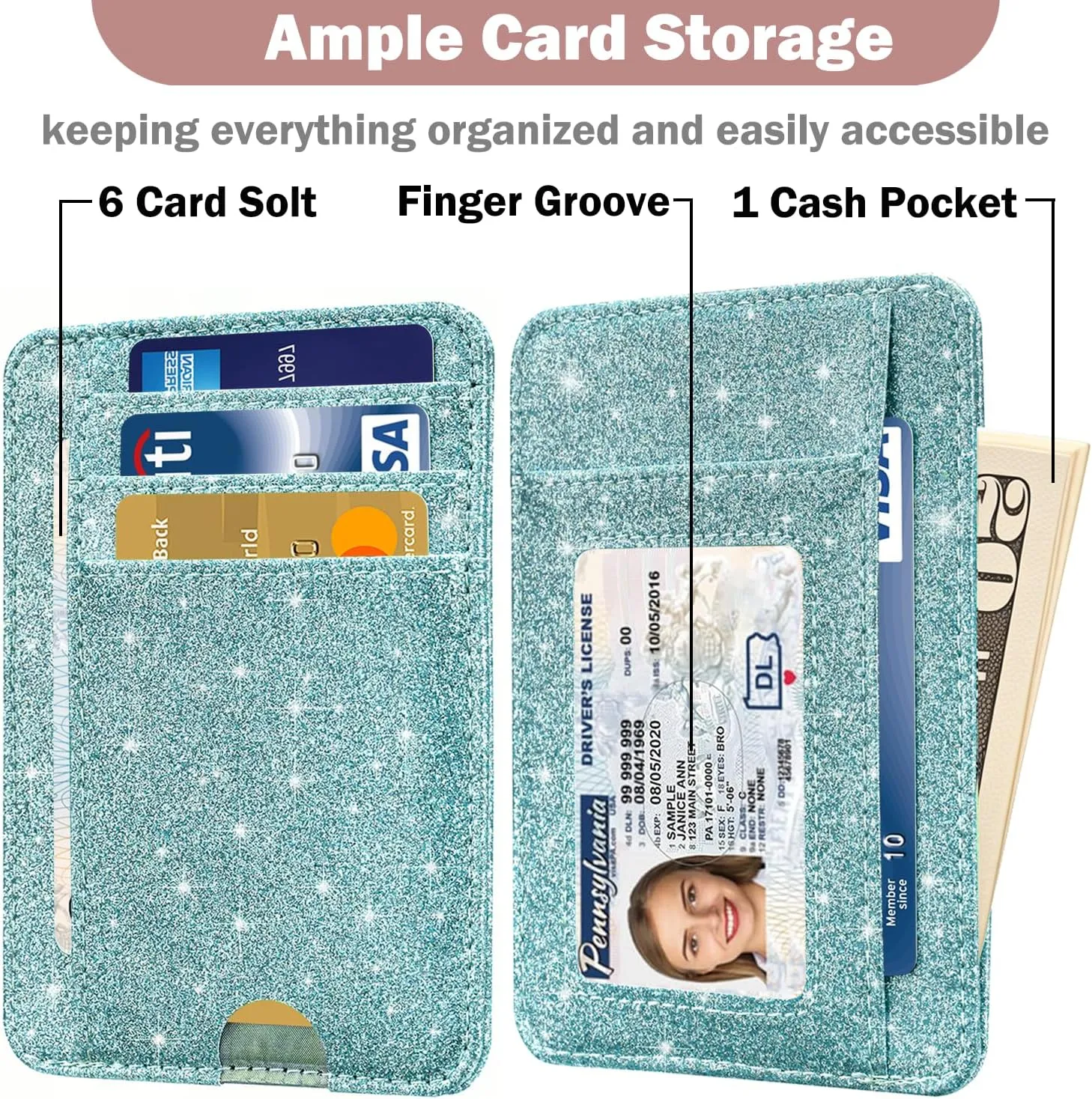 HOTCOOL Card Holder Wallet Front Pocket Minimalist Travel Cute Funny Thin Leather With RFID Blocking Small Credit Card Holder Wallet for Men & Women Girls Organizer Gifts, Glitter Blue
