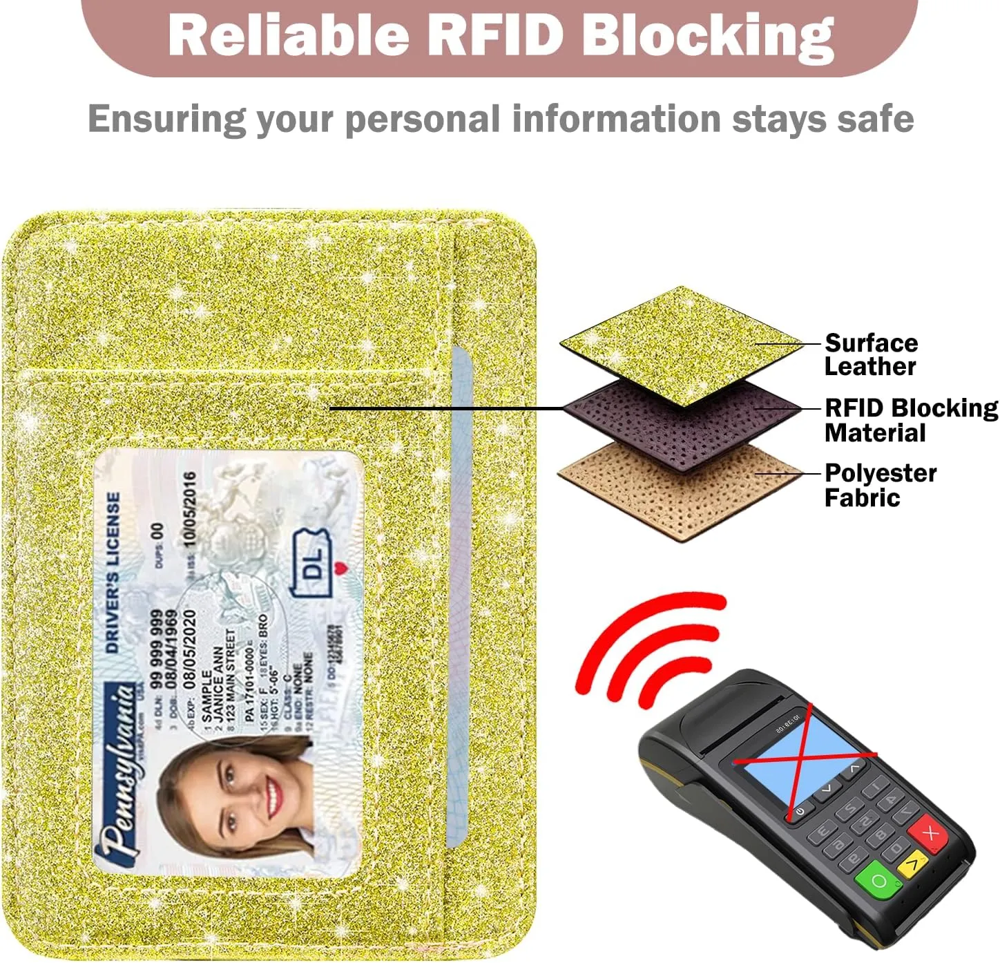 HOTCOOL Card Holder Wallet Front Pocket Minimalist Travel Cute Funny Thin Leather With RFID Blocking Small Credit Card Holder Wallet for Men & Women Girls Organizer Gifts, Glitter Gold