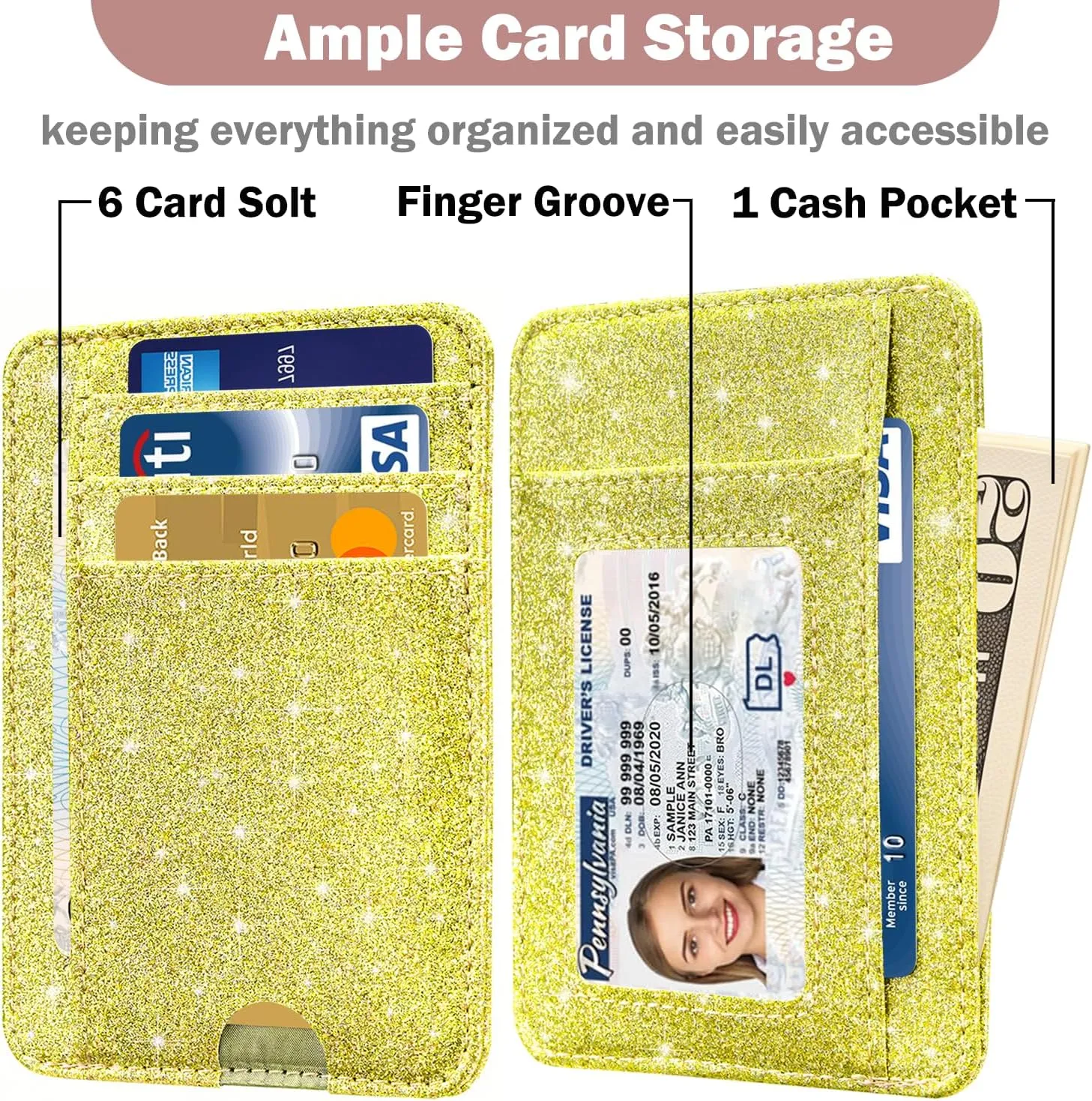 HOTCOOL Card Holder Wallet Front Pocket Minimalist Travel Cute Funny Thin Leather With RFID Blocking Small Credit Card Holder Wallet for Men & Women Girls Organizer Gifts, Glitter Gold