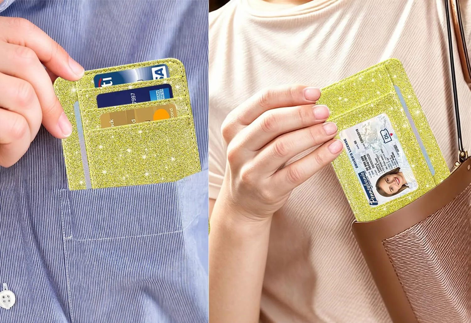 HOTCOOL Card Holder Wallet Front Pocket Minimalist Travel Cute Funny Thin Leather With RFID Blocking Small Credit Card Holder Wallet for Men & Women Girls Organizer Gifts, Glitter Gold