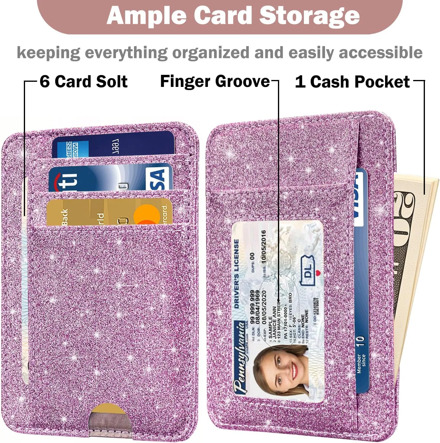 HOTCOOL Card Holder Wallet Front Pocket Minimalist Travel Cute Funny Thin Leather With RFID Blocking Small Credit Card Holder Wallet for Men & Women Girls Organizer Gifts, Glitter Purple