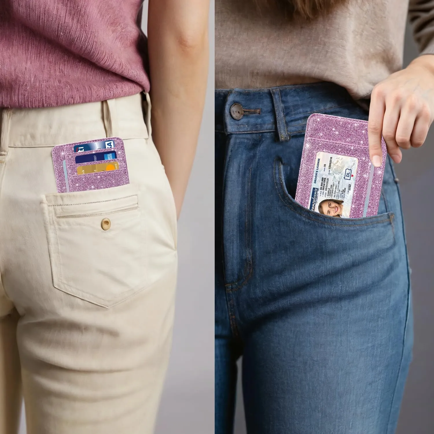 HOTCOOL Card Holder Wallet Front Pocket Minimalist Travel Cute Funny Thin Leather With RFID Blocking Small Credit Card Holder Wallet for Men & Women Girls Organizer Gifts, Glitter Purple
