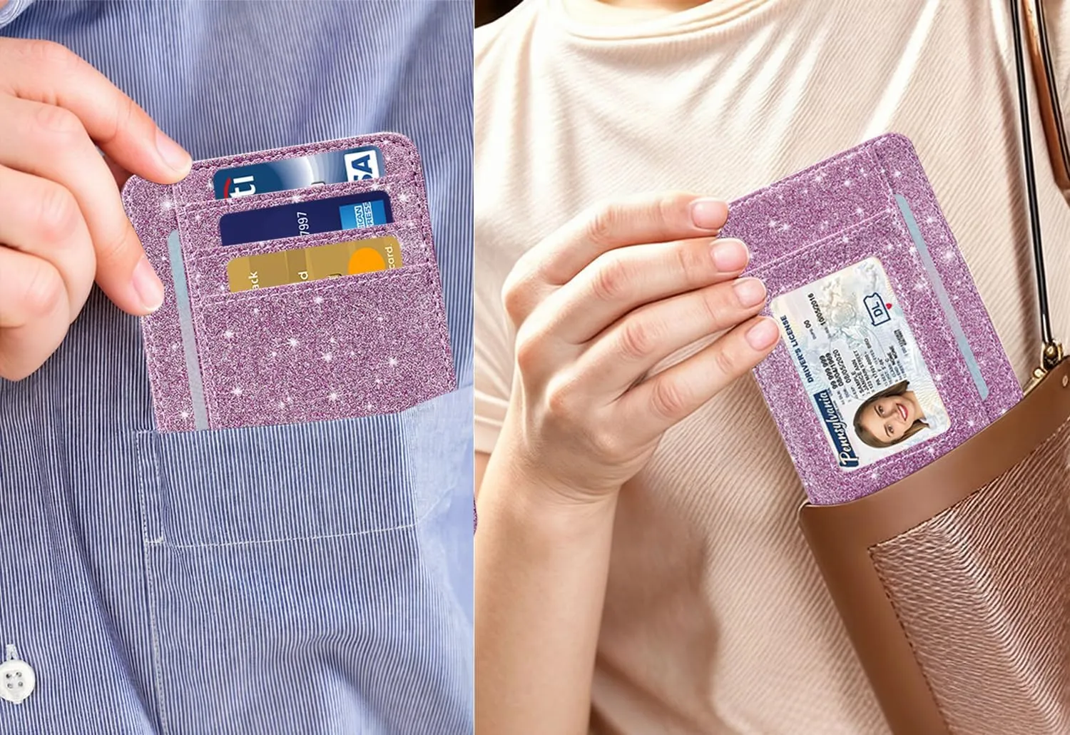 HOTCOOL Card Holder Wallet Front Pocket Minimalist Travel Cute Funny Thin Leather With RFID Blocking Small Credit Card Holder Wallet for Men & Women Girls Organizer Gifts, Glitter Purple