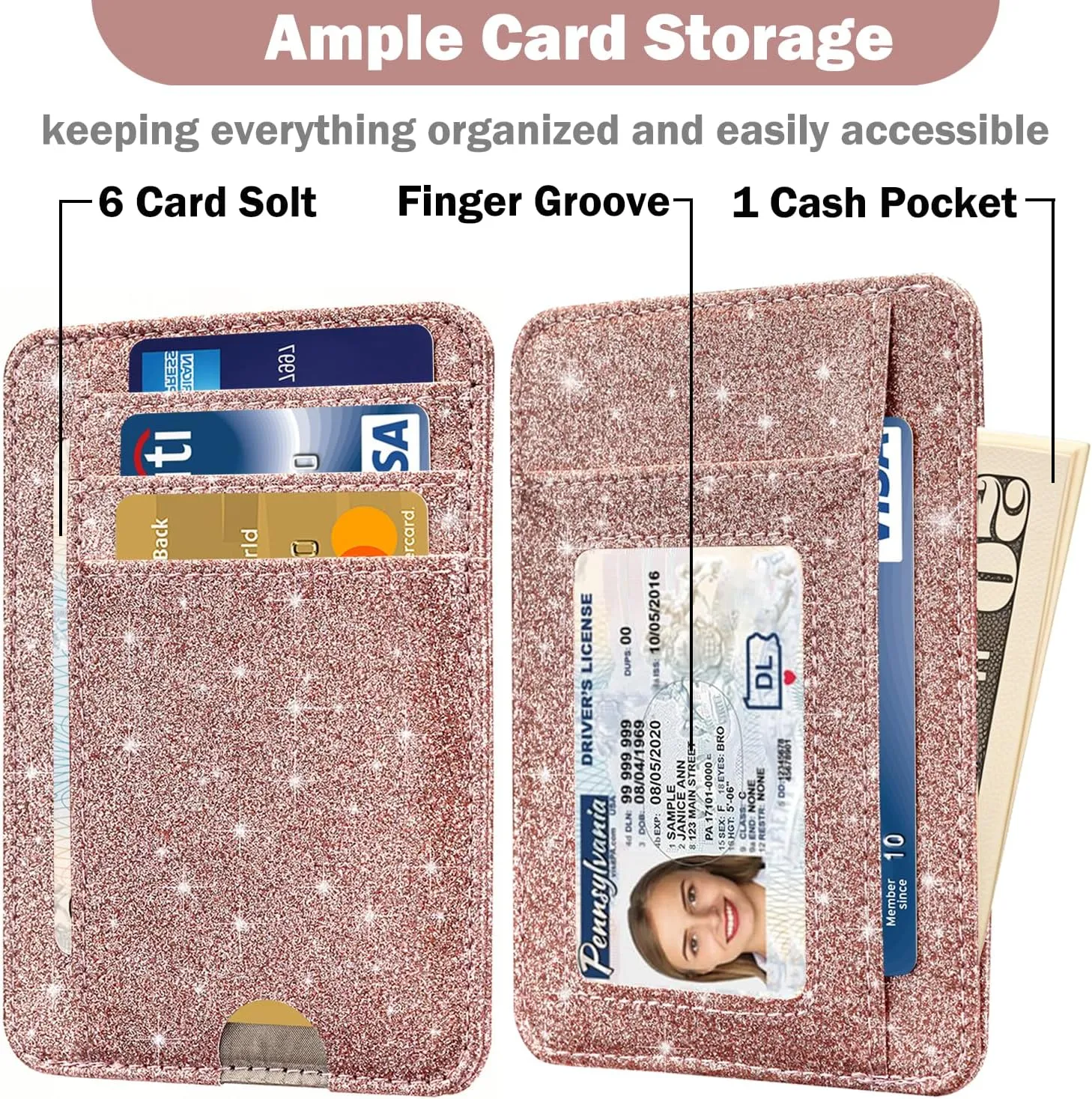 HOTCOOL Card Holder Wallet Front Pocket Minimalist Travel Cute Funny Thin Leather With RFID Blocking Small Credit Card Holder Wallet for Men & Women Girls Organizer Gifts, Glitter Rose