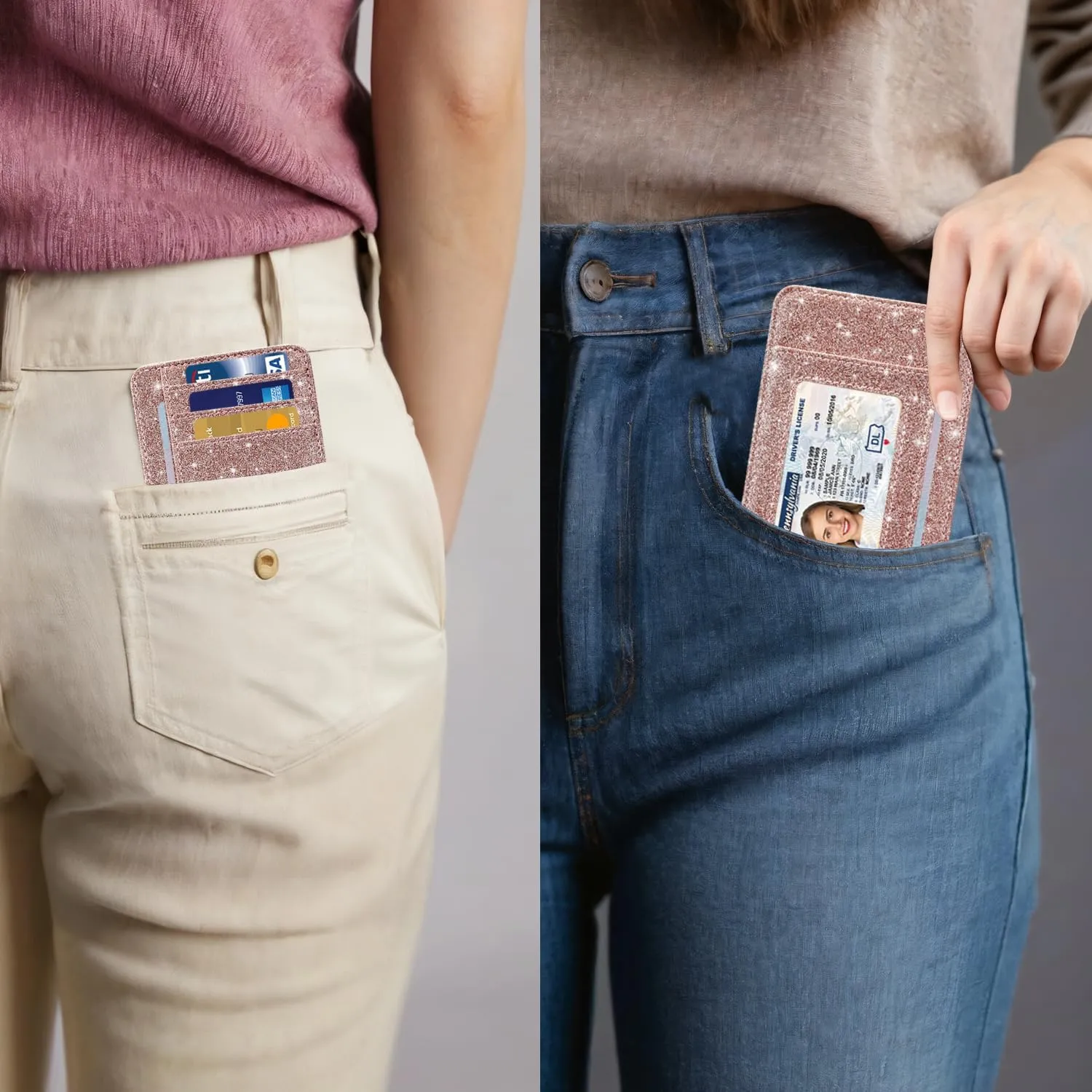 HOTCOOL Card Holder Wallet Front Pocket Minimalist Travel Cute Funny Thin Leather With RFID Blocking Small Credit Card Holder Wallet for Men & Women Girls Organizer Gifts, Glitter Rose