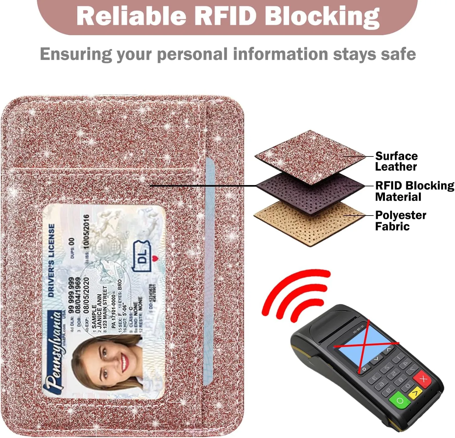 HOTCOOL Card Holder Wallet Front Pocket Minimalist Travel Cute Funny Thin Leather With RFID Blocking Small Credit Card Holder Wallet for Men & Women Girls Organizer Gifts, Glitter Rose
