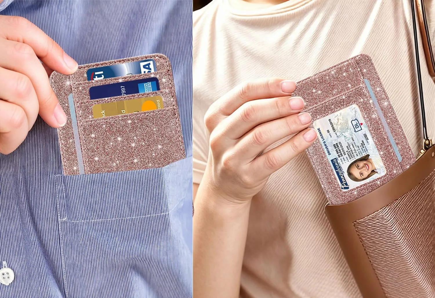 HOTCOOL Card Holder Wallet Front Pocket Minimalist Travel Cute Funny Thin Leather With RFID Blocking Small Credit Card Holder Wallet for Men & Women Girls Organizer Gifts, Glitter Rose