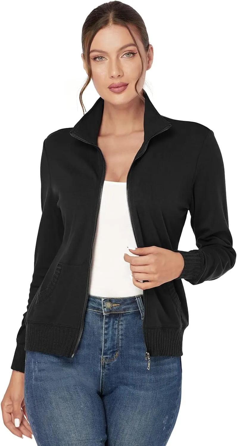 J.Corrine Women's Zip up Sweatshirts Jacket Stand Collar Long Sleeve Running Track Jacket with Pockets