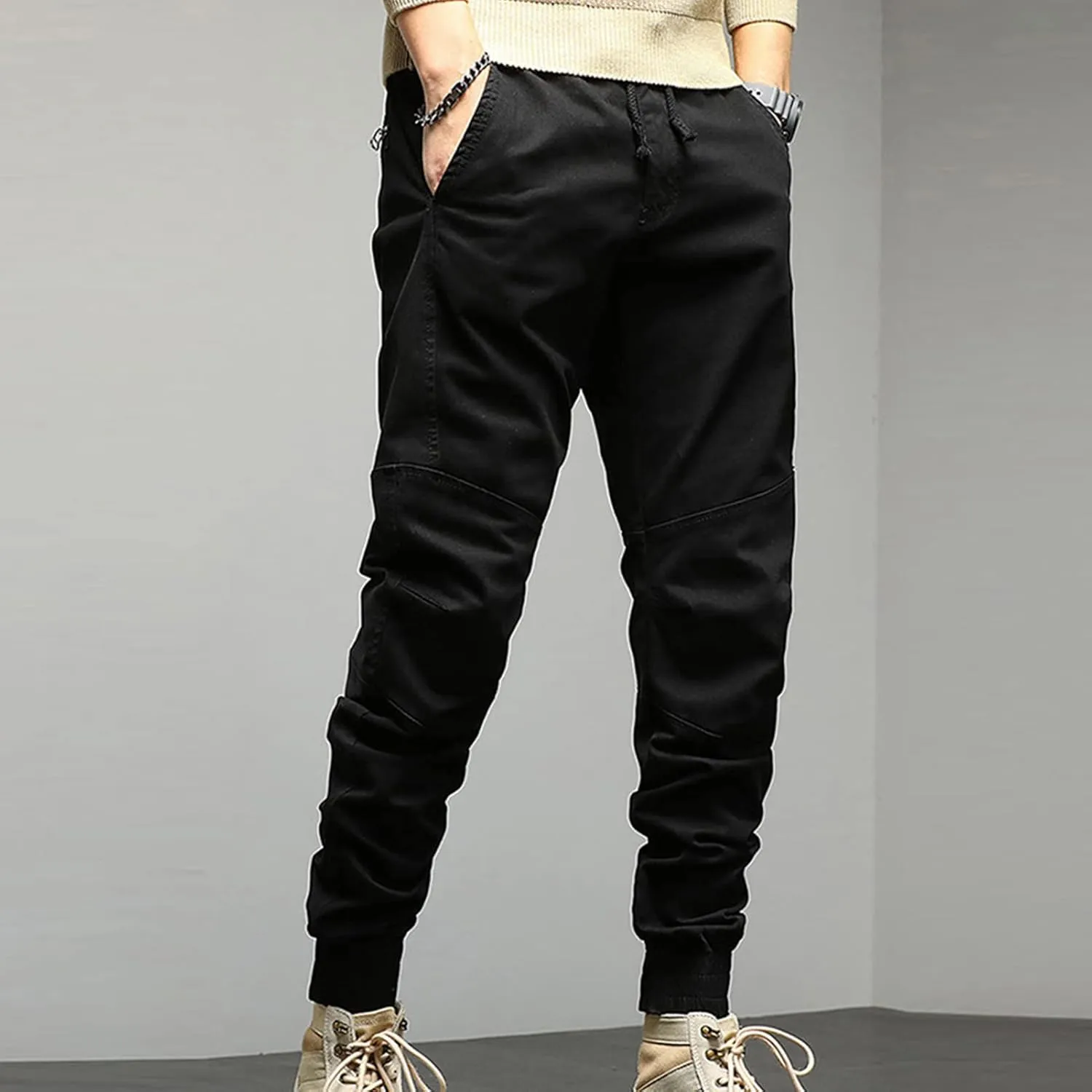 JEsilunmaMY Mens Casual Harem Pants Retro Elastic Waist Slacks Loose Cargo Pants Slim Fit Athletic Jogger Lounge Trousers