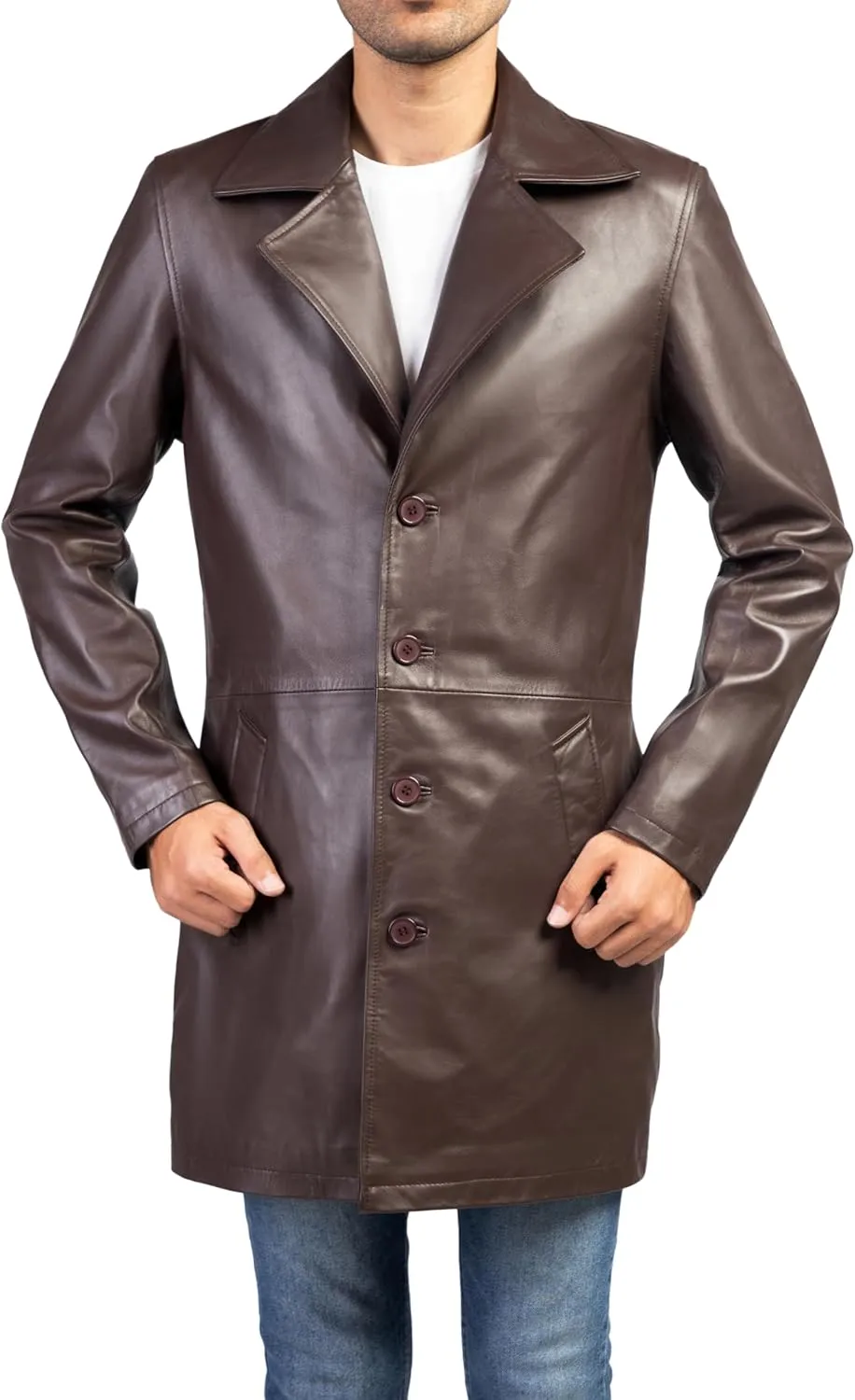 Jild Leather Trench Coat Men - 3/4 Length Casual Car Coat Style Lambskin Long Leather Jacket Men