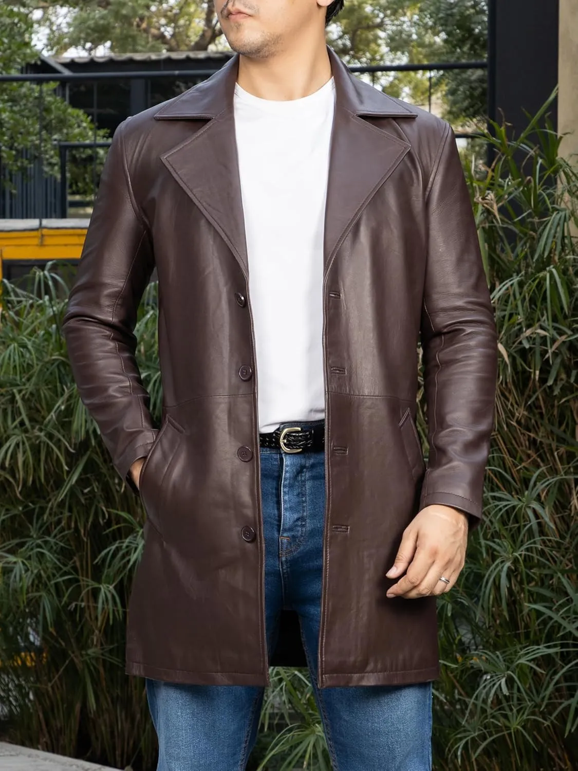 Jild Leather Trench Coat Men - 3/4 Length Casual Car Coat Style Lambskin Long Leather Jacket Men