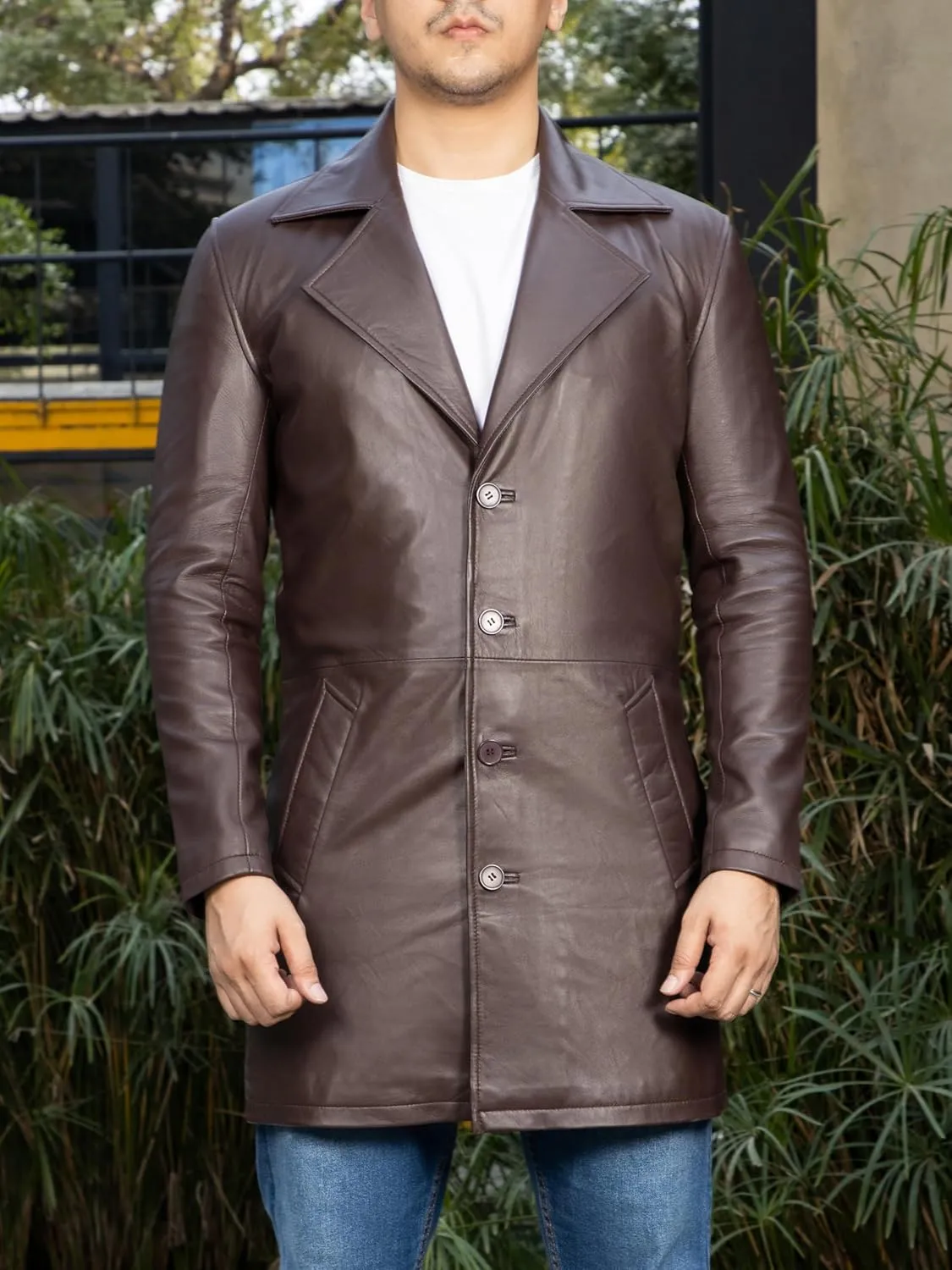 Jild Leather Trench Coat Men - 3/4 Length Casual Car Coat Style Lambskin Long Leather Jacket Men