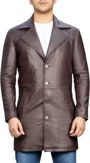 Jild Leather Trench Coat Men - 3/4 Length Casual Car Coat Style Lambskin Long Leather Jacket Men