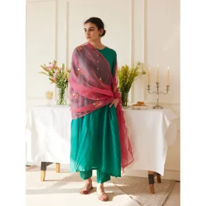 Juanita Green Habutai Silk Kurta & Pant with Dupatta (Set of 3)