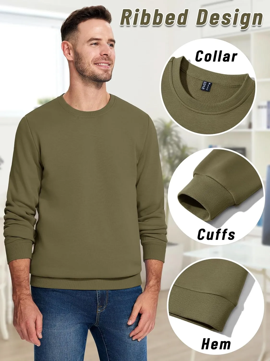 KEFITEVD Men's Crewneck Sweatshirt Long Sleeve Warm Fall Sweatshirt Fleece Lined Pullover