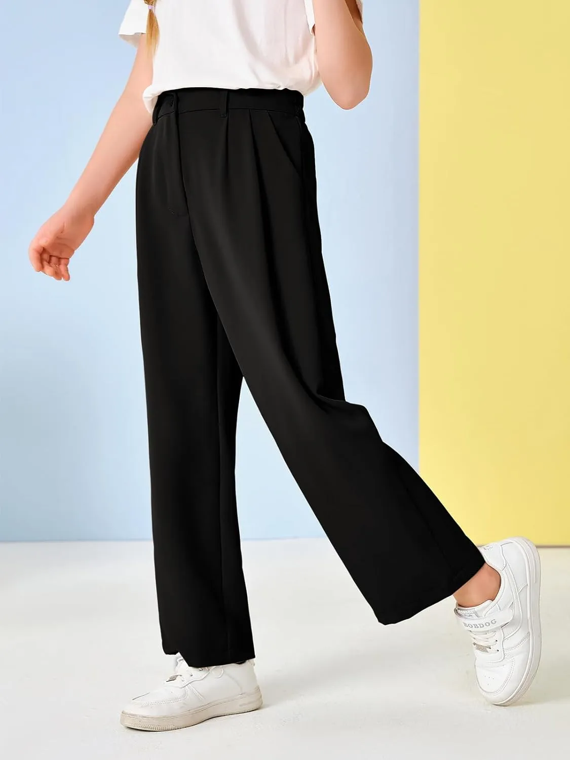 Kids Girls High Waist Wide Leg School Uniform Pants 5-14 Years