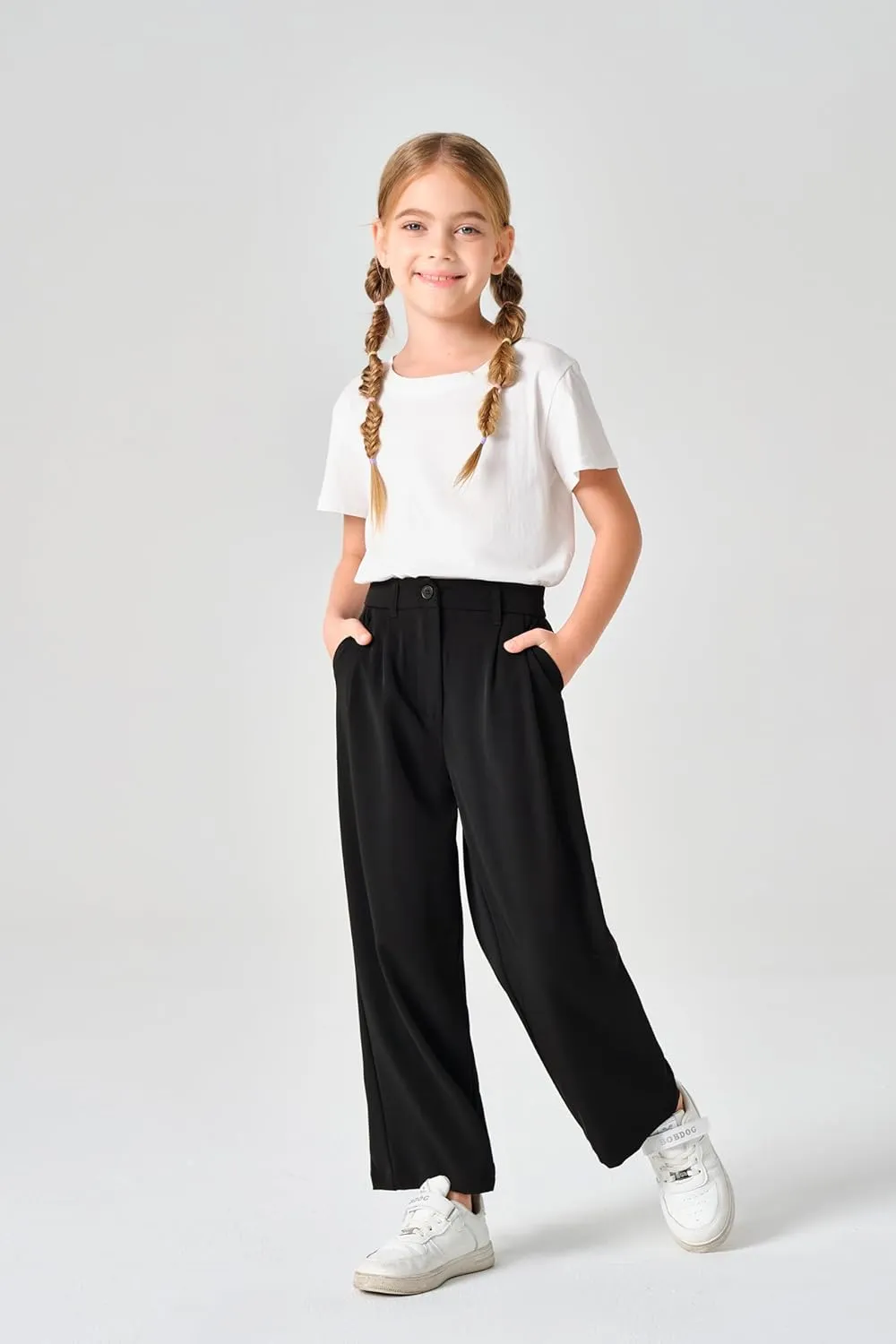 Kids Girls High Waist Wide Leg School Uniform Pants 5-14 Years
