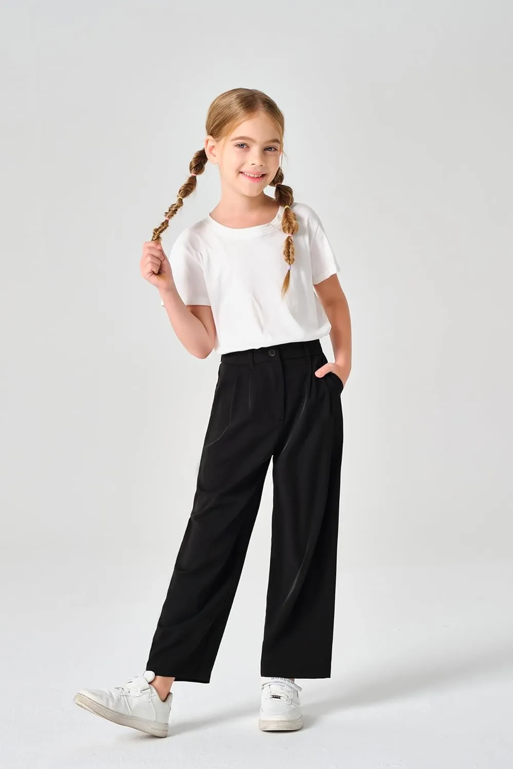 Kids Girls High Waist Wide Leg School Uniform Pants 5-14 Years