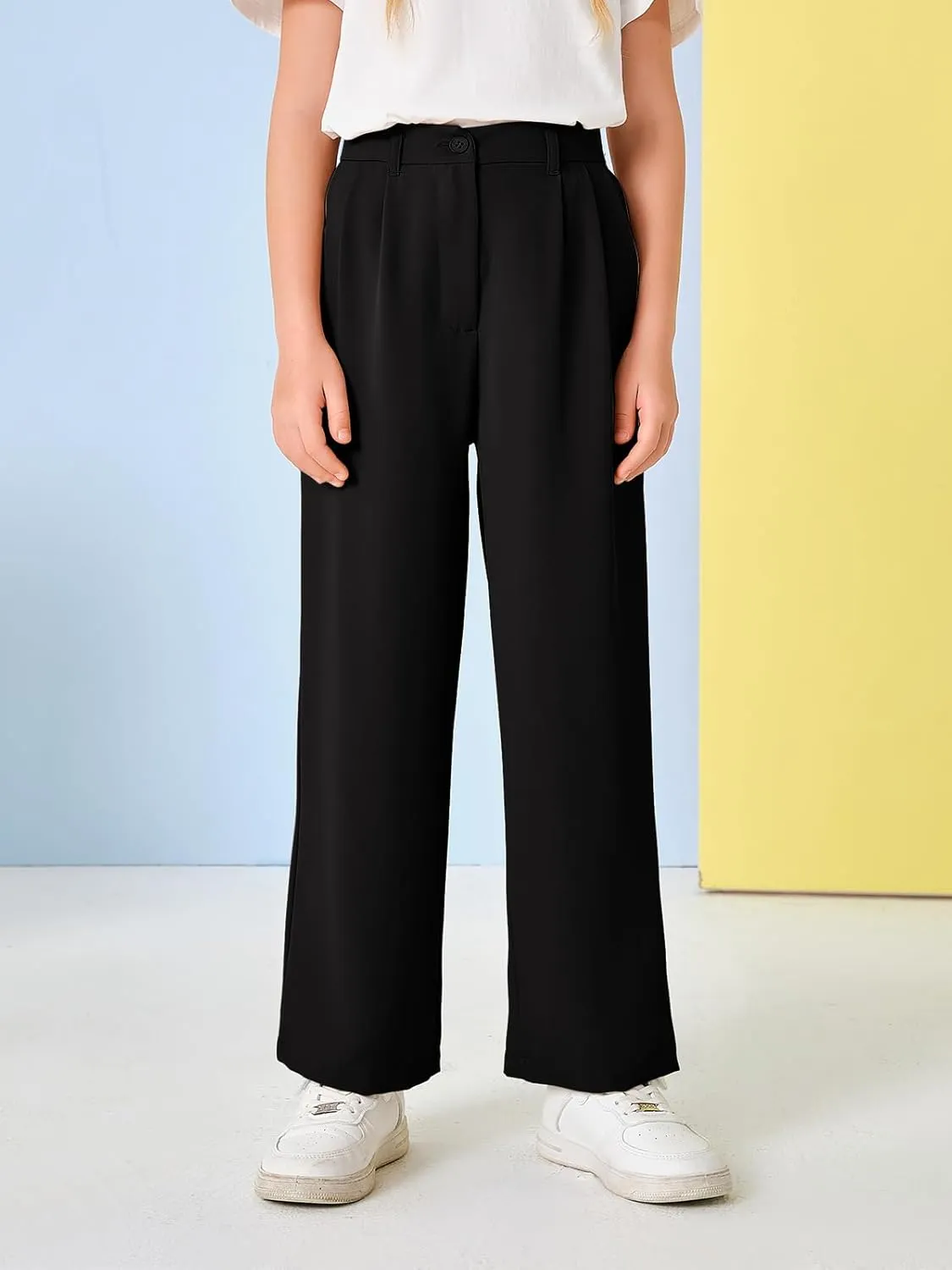Kids Girls High Waist Wide Leg School Uniform Pants 5-14 Years