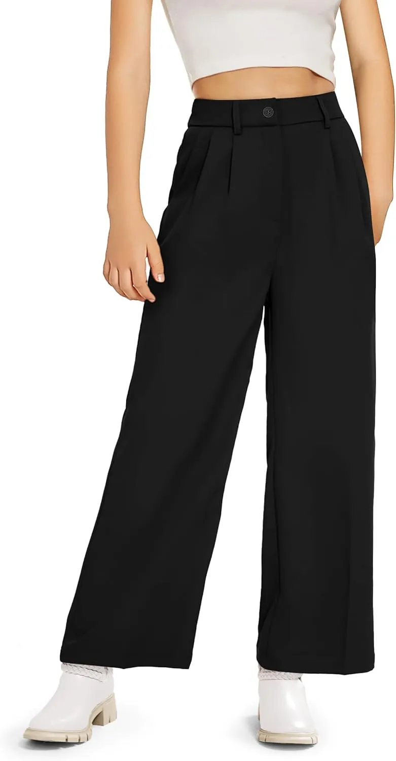 Kids Girls High Waist Wide Leg School Uniform Pants 5-14 Years