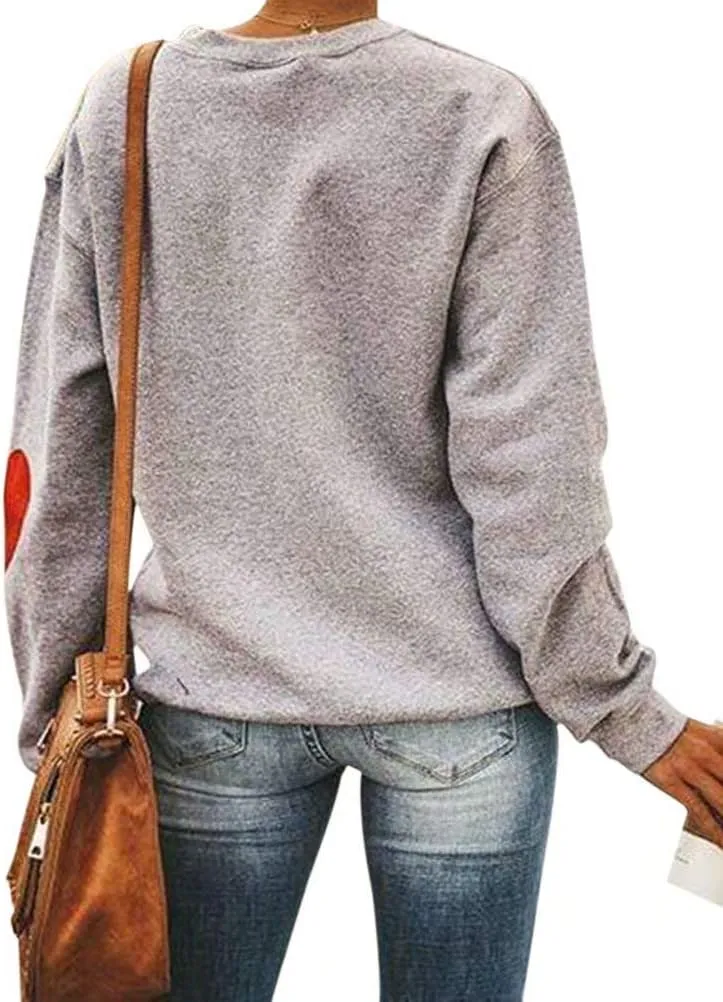 KIRJAUDU Women Letter Print Sweatshirt Long Sleeve Cute Heart Elbow Patch Pullover Tops