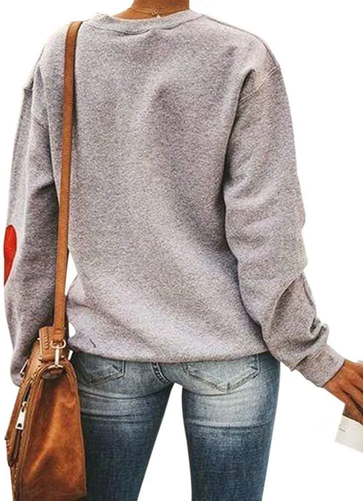 KIRJAUDU Women Letter Print Sweatshirt Long Sleeve Cute Heart Elbow Patch Pullover Tops