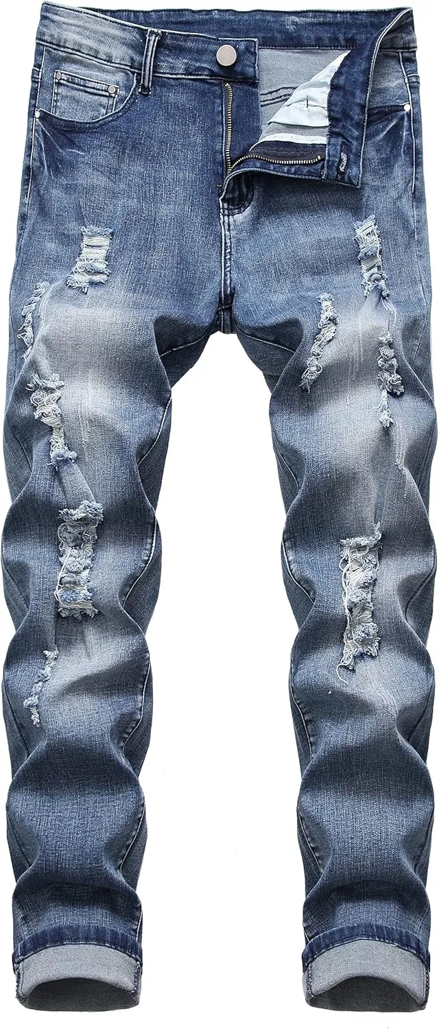 LAMKUKU Men's Ripped Jeans Slim Fit Casual Distressed Denim Pants