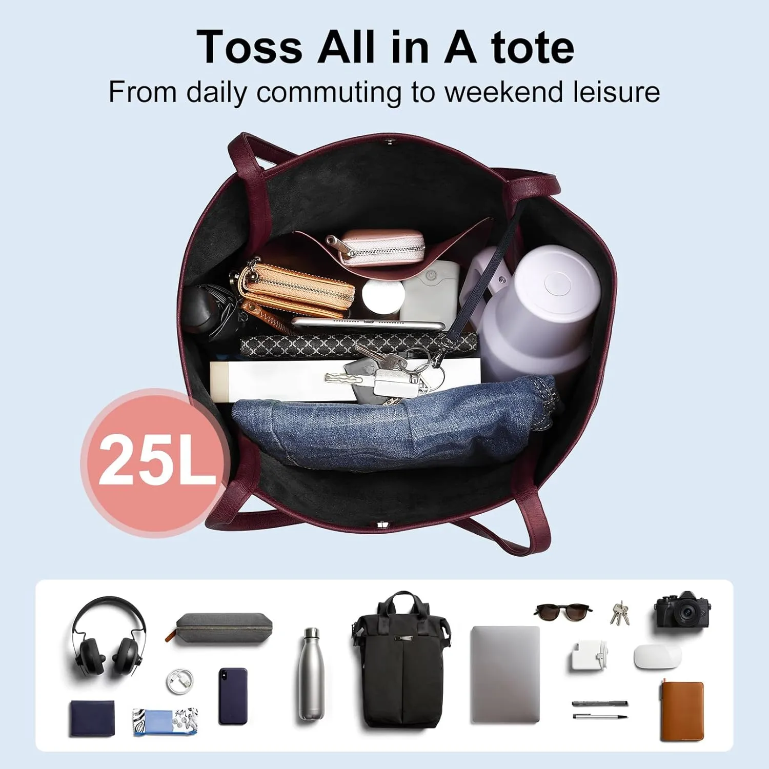 Large Tote Bag for Women Work 25L Travel Vegan Leather Ladies Handbags Weekender Purses