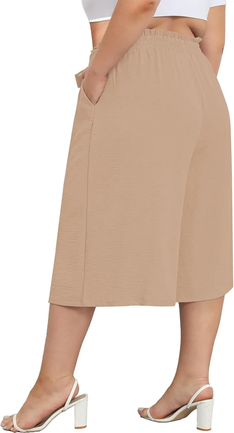 Lastshe Women's Plus Size Cropped Wide-Leg Pants Lightweight High Waisted Adjustable Tie Knot Casual Trousers Pants