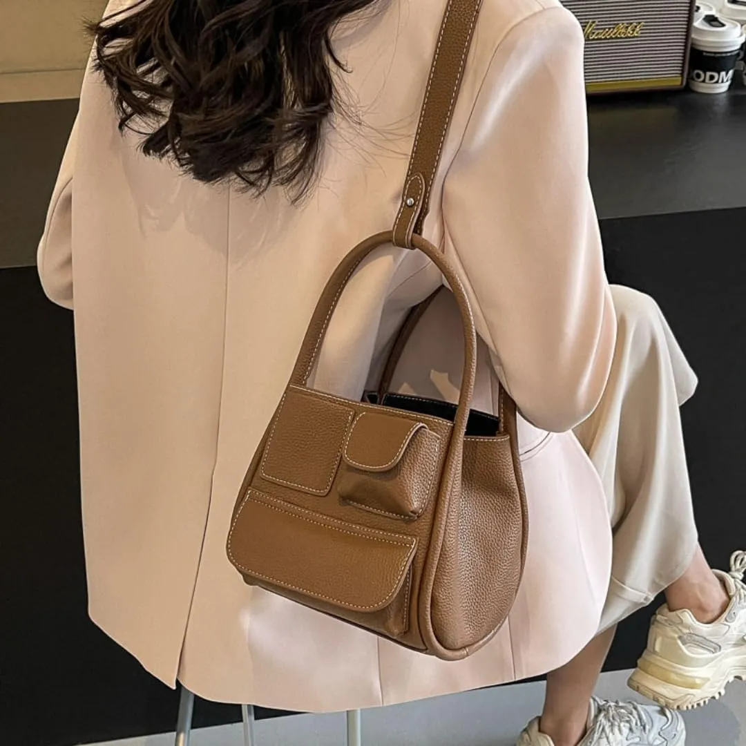 Leather Bucket Bag for Women Soft Lychee Handbag Elegant Multi-pocket Shoulder Bag Crossbody Bag