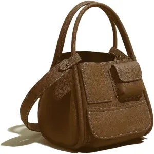 Leather Bucket Bag for Women Soft Lychee Handbag Elegant Multi-pocket Shoulder Bag Crossbody Bag