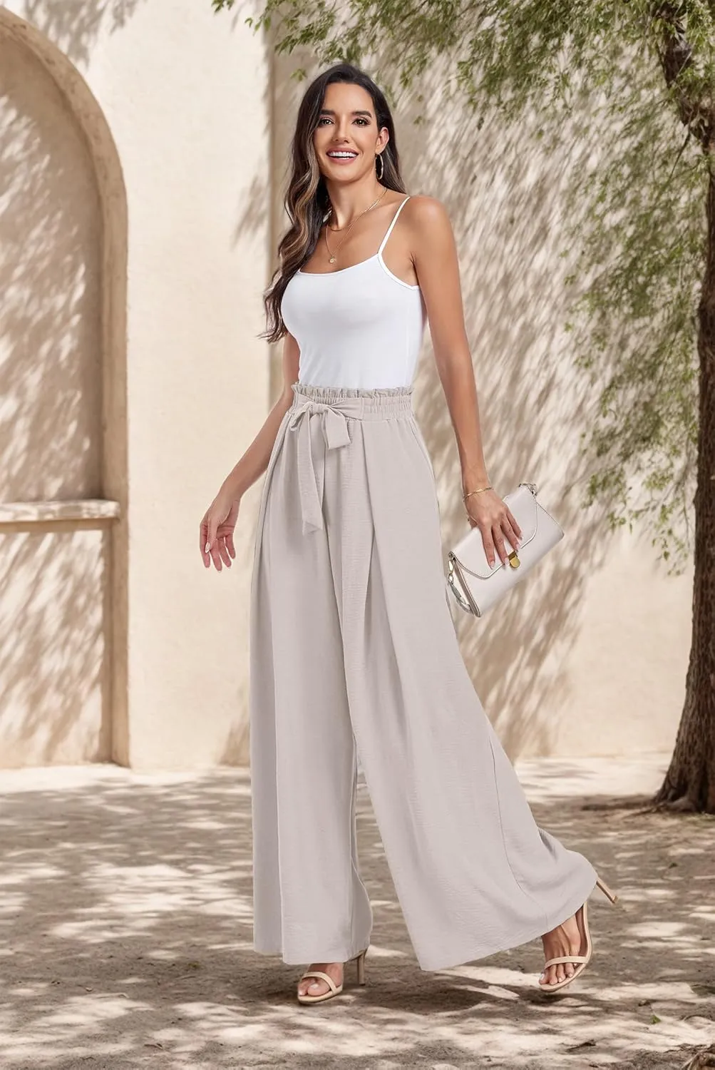 Lepunuo Wide Leg Pants for Women High Waisted Palazzo Pants Work Casual Flowy Tie Knot Trousers with Pockets