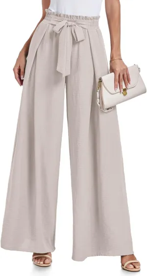 Lepunuo Wide Leg Pants for Women High Waisted Palazzo Pants Work Casual Flowy Tie Knot Trousers with Pockets