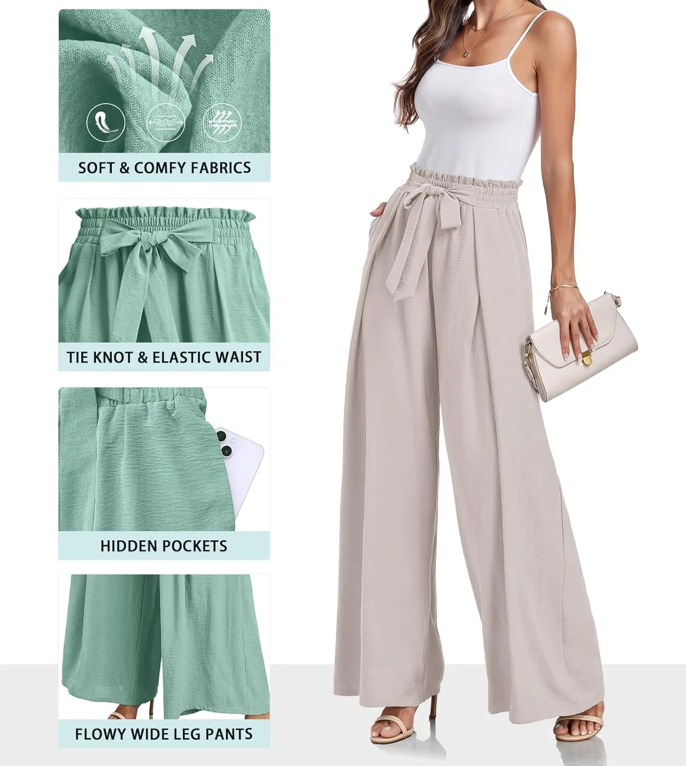 Lepunuo Wide Leg Pants for Women High Waisted Palazzo Pants Work Casual Flowy Tie Knot Trousers with Pockets