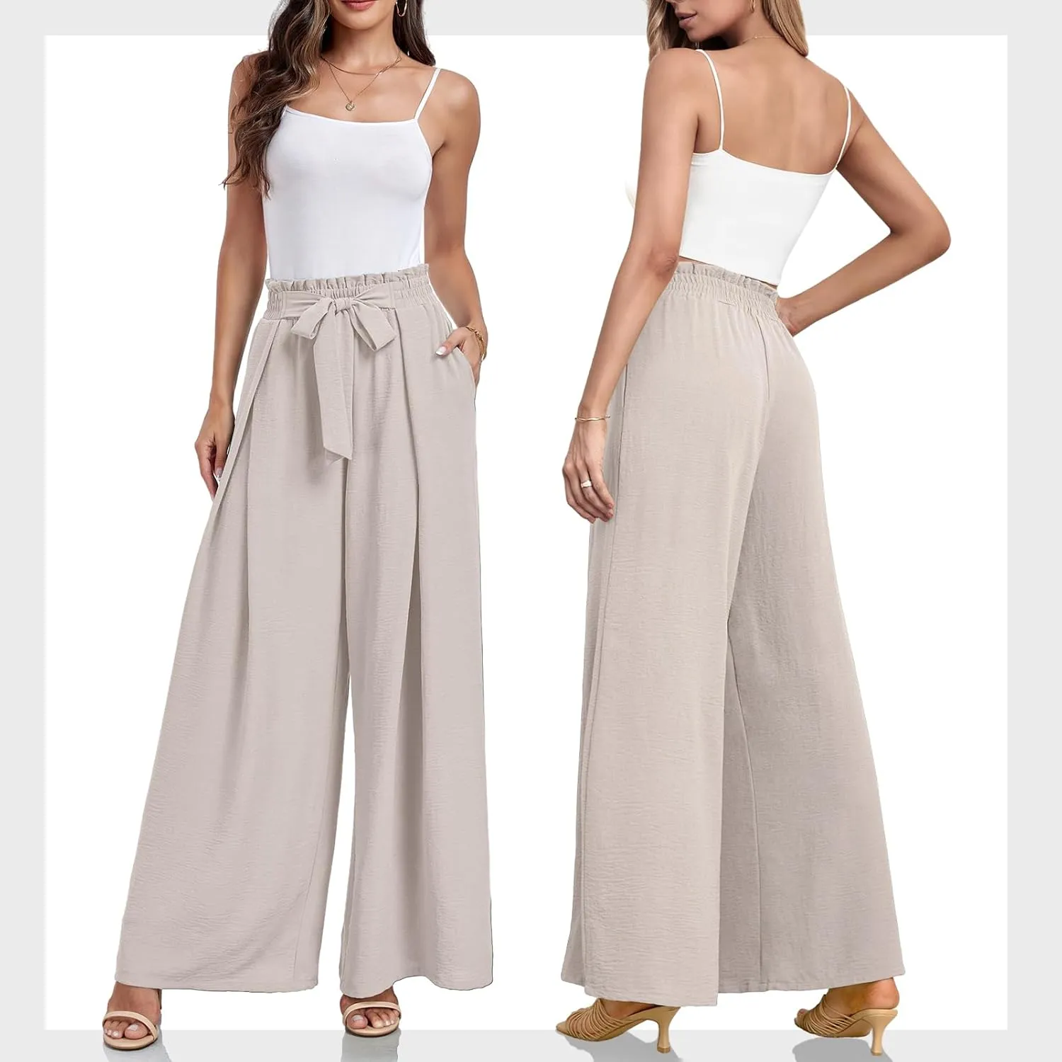 Lepunuo Wide Leg Pants for Women High Waisted Palazzo Pants Work Casual Flowy Tie Knot Trousers with Pockets