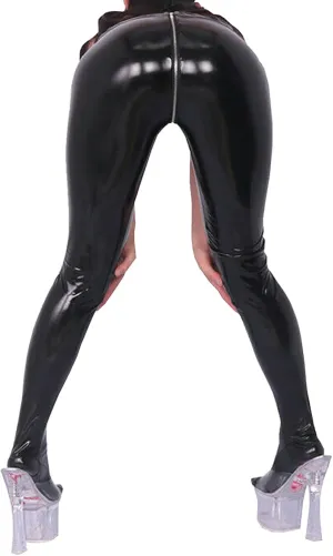 LESOYA Women's Sexy Shiny PVC Leather Leggings Stretchy Skinny Pants Full Zipper Crotch Footed Trousers