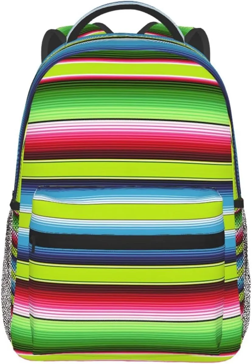 Lime Green Mexican Stripes Backpack Casual Pack Bag Laptop Backpack With Side Pocket Front Zipper Pocket Bookpack Travel Daypack Picnic Rucksack