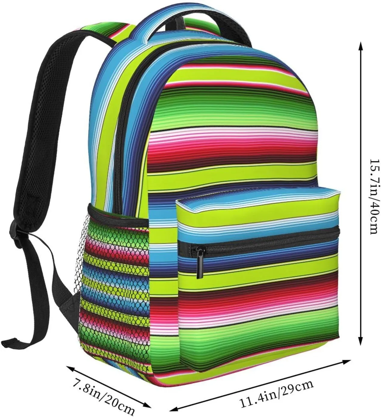Lime Green Mexican Stripes Backpack Casual Pack Bag Laptop Backpack With Side Pocket Front Zipper Pocket Bookpack Travel Daypack Picnic Rucksack