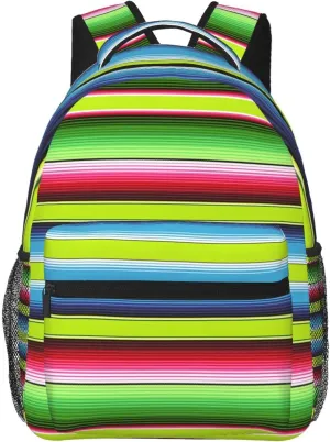 Lime Green Mexican Stripes Backpack Casual Pack Bag Laptop Backpack With Side Pocket Front Zipper Pocket Bookpack Travel Daypack Picnic Rucksack