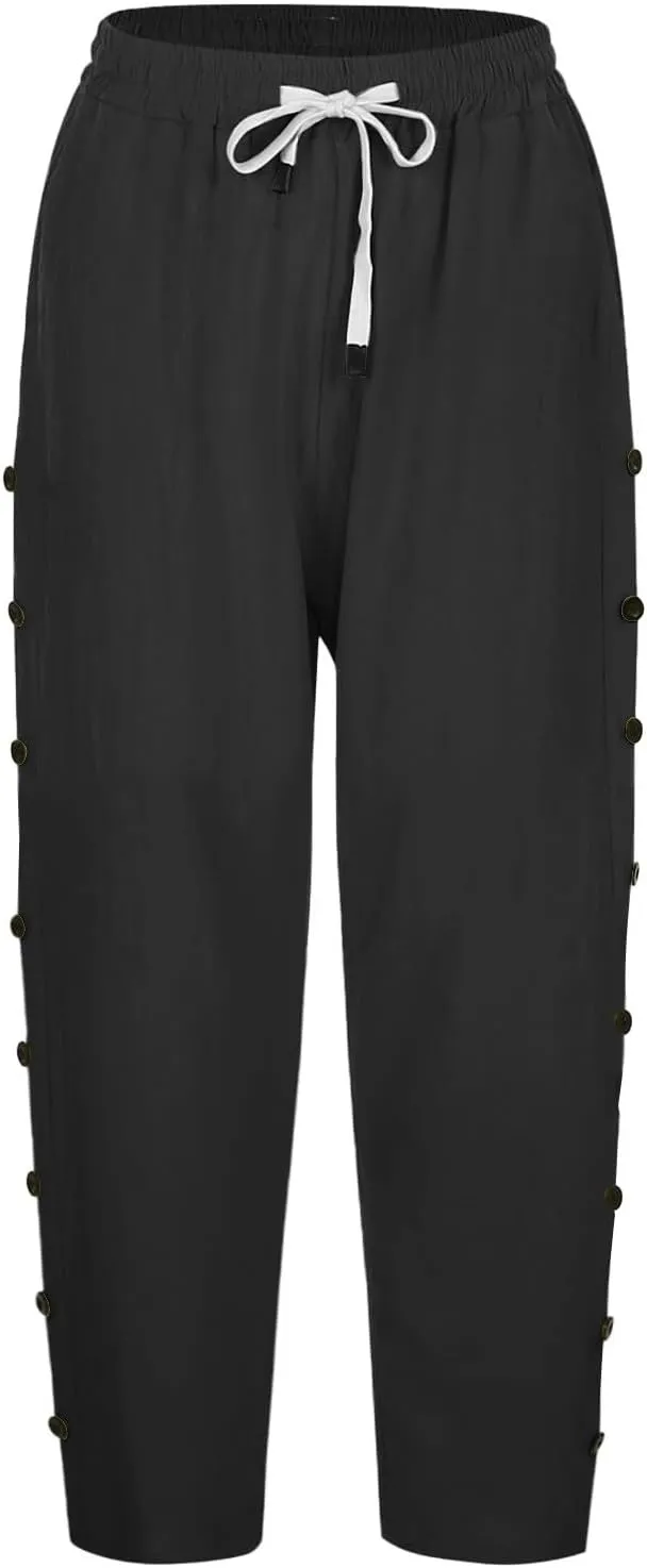 Linen Pants for Women Summer Drawstring Pockets Loose Casual Cotton Linen Beach Trousers Straight Leg Lounge