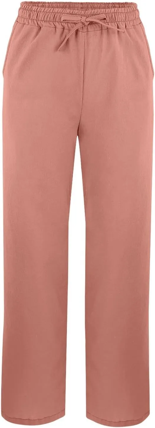 Linen Pants Women High Waisted Elastic Drawstring Beach Pants Casual Loose Lightweight Wide Leg Trousers with Pockets