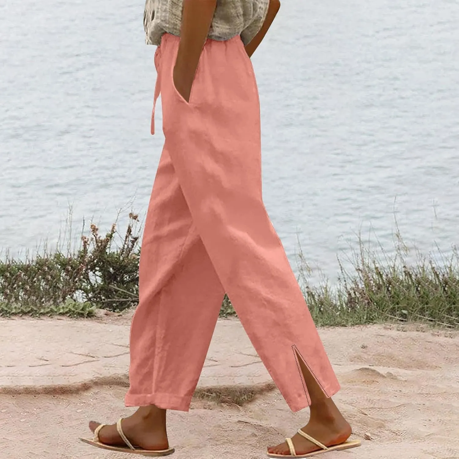 Linen Pants Women High Waisted Elastic Drawstring Beach Pants Casual Loose Lightweight Wide Leg Trousers with Pockets