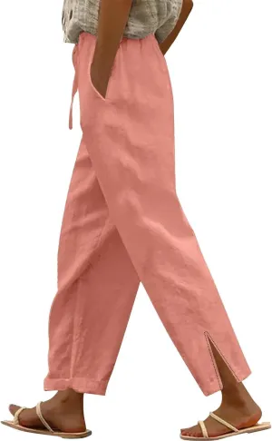 Linen Pants Women High Waisted Elastic Drawstring Beach Pants Casual Loose Lightweight Wide Leg Trousers with Pockets