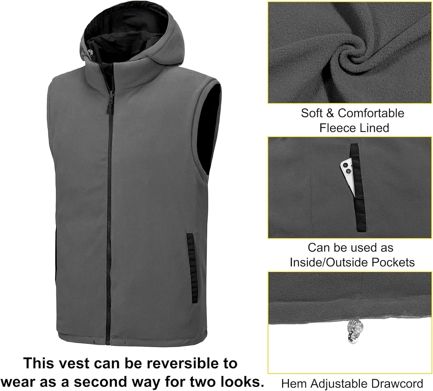 Little Donkey Andy Men's Reversible Fleece Puffy Vest Warm Sleeveless Puffer Jacket with Removable Hood for Golfing Hiking