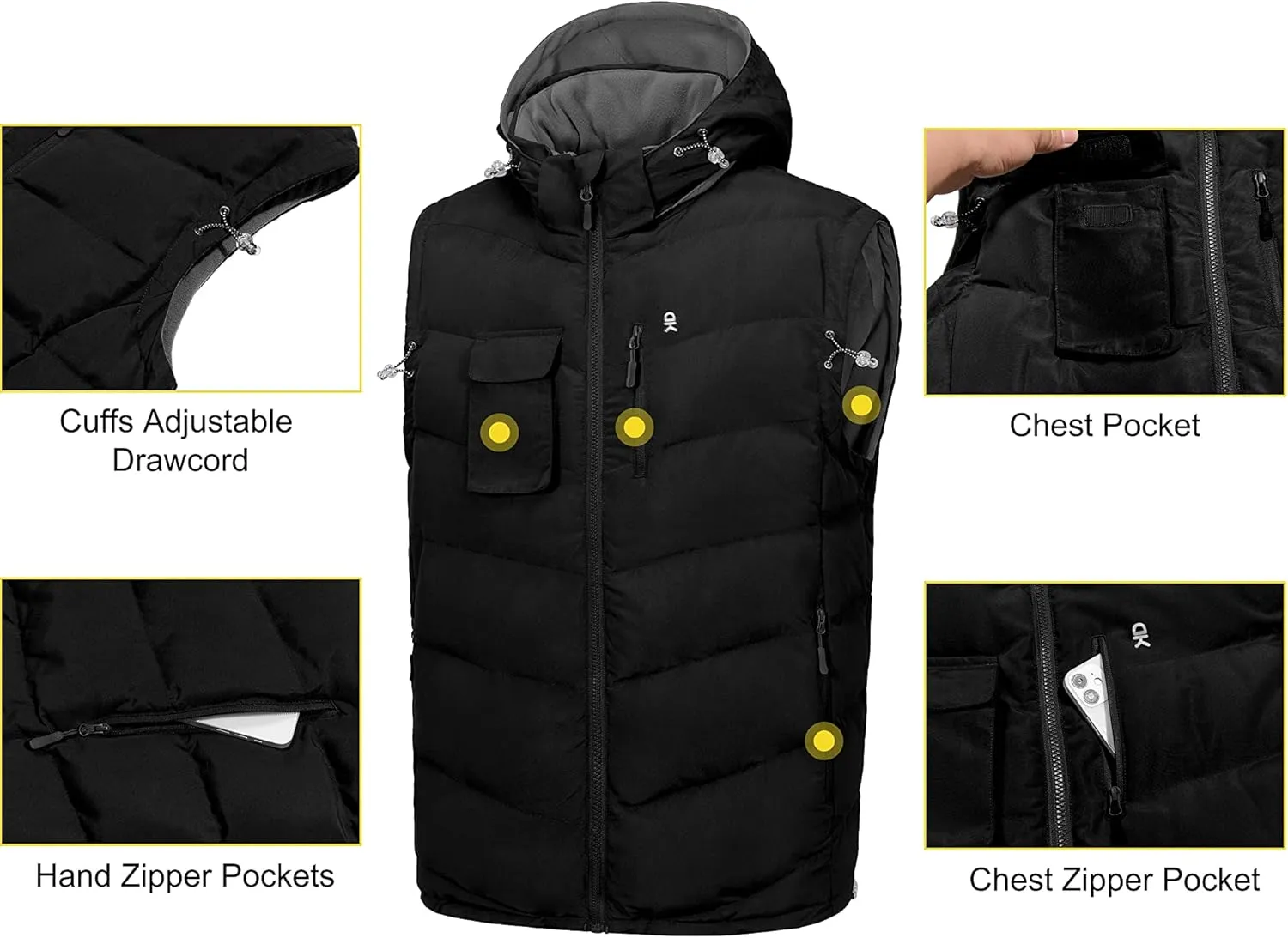 Little Donkey Andy Men's Reversible Fleece Puffy Vest Warm Sleeveless Puffer Jacket with Removable Hood for Golfing Hiking