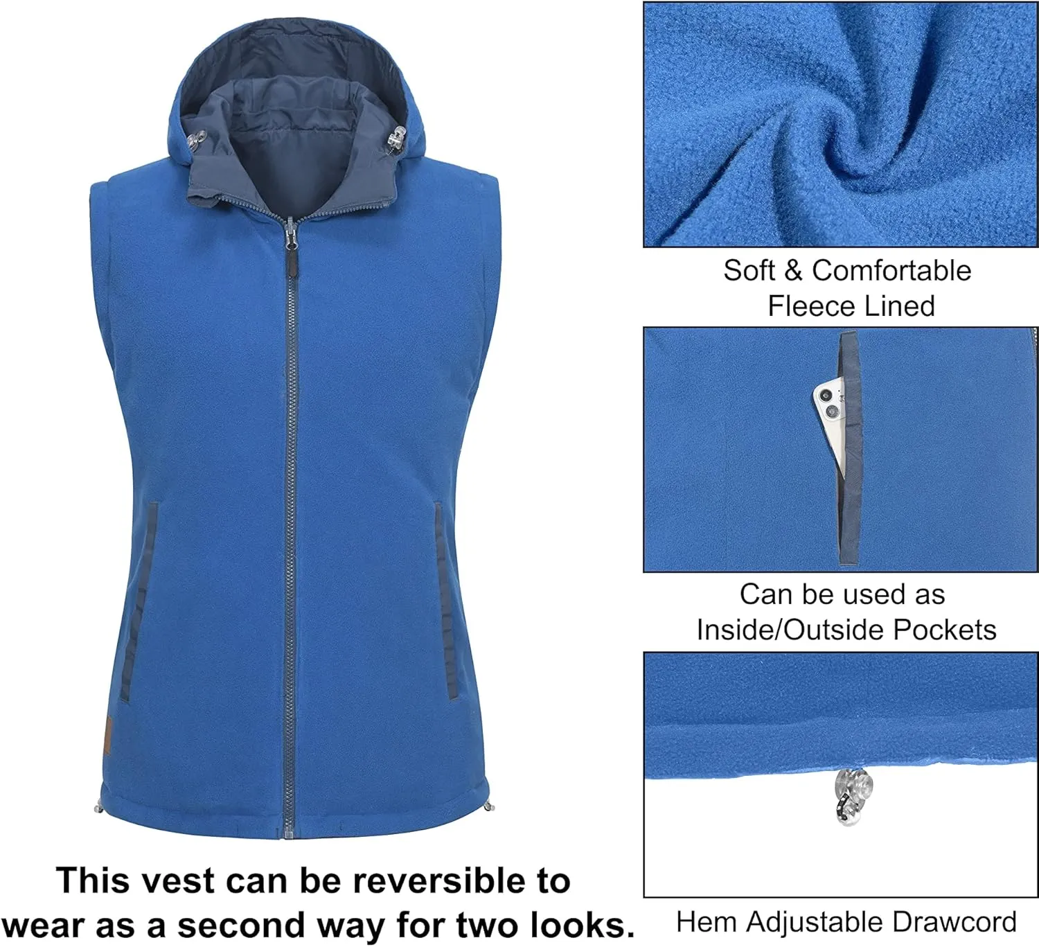 Little Donkey Andy Women's Fleece Puffy Vest Warm Sleeveless Puffer Jacket with Removable Hood for Golfing Hiking