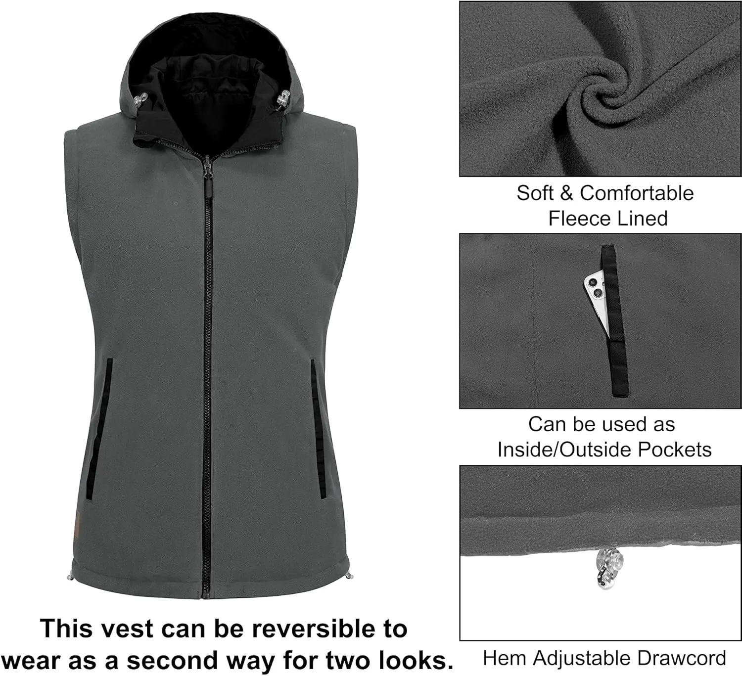 Little Donkey Andy Women's Fleece Puffy Vest Warm Sleeveless Puffer Jacket with Removable Hood for Golfing Hiking