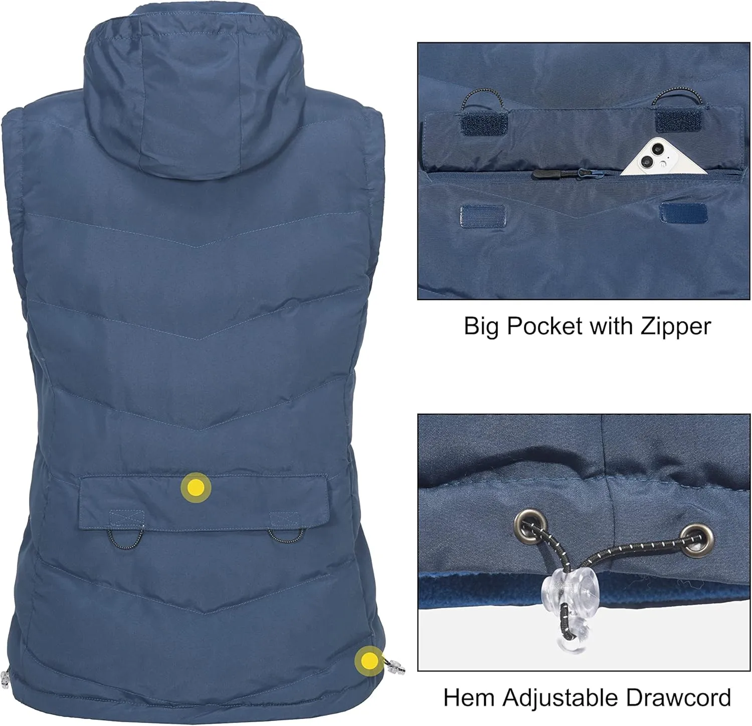 Little Donkey Andy Women's Fleece Puffy Vest Warm Sleeveless Puffer Jacket with Removable Hood for Golfing Hiking